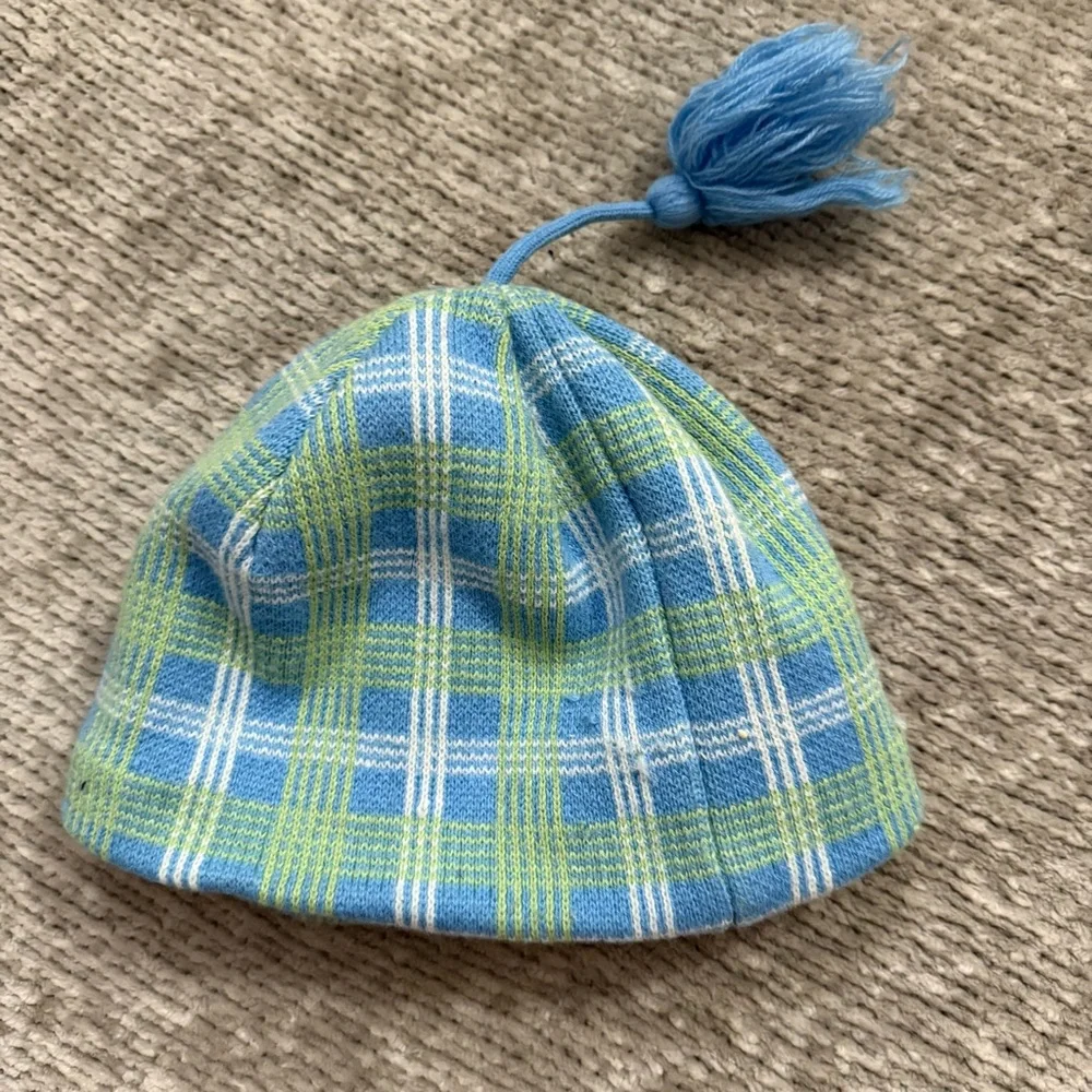 L.L. Bean Kids Plaid Fleece Lined Beanie Hat Blue Green Tassel‎ Small